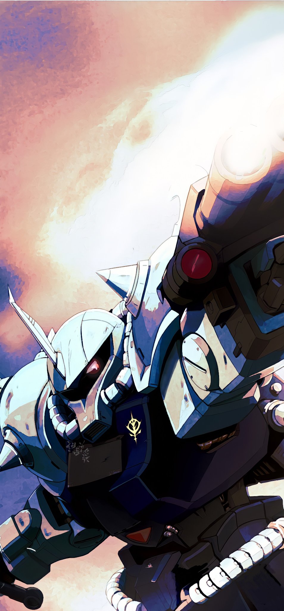 arm_cannon firing gouf gun gundam highres holding holding_gun holding_weapon horns mecha mobile_suit mobile_suit_gundam moroboshi_danshaku no_humans one-eyed red_eyes science_fiction single_horn solo spikes weapon zeon