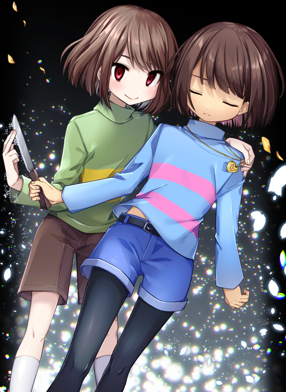 2others bangs belt black_belt black_legwear blue_shirt blunt_bangs blush bob_cut brown_hair brown_shorts chara_(undertale) closed_eyes closed_mouth denim denim_shorts dutch_angle feet_out_of_frame frisk_(undertale) green_shirt hand_on_shoulder hand_up highres holding holding_jewelry holding_knife holding_necklace jewelry knife leftporygon light_frown long_sleeves looking_at_viewer midriff_peek multicolored_shirt multiple_others necklace pantyhose petals pink_shirt red_eyes shirt short_hair shorts smile socks standing swept_bangs turtleneck undertale white_legwear yellow_shirt