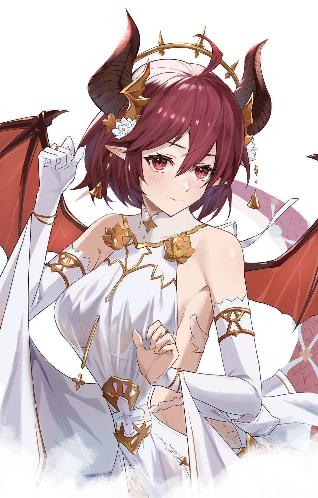 ahoge asymmetrical_gloves bangle bare_shoulders bell bell_earrings bracelet breasts closed_mouth cropped_torso dragon_girl dragon_horns dragon_tail dragon_wings dress earrings elbow_gloves eyebrows_behind_hair flower glint gloves gold granblue_fantasy grea_(shingeki_no_bahamut) hair_between_eyes hair_flower hair_ornament halter_dress halterneck headband highres horns jewelry large_breasts looking_at_viewer medium_hair ni_dgs off-shoulder_dress off_shoulder pointy_ears purple_hair red_eyes ring scales see-through see-through_silhouette sideboob sideless_outfit simple_background smile tail tiara upper_body white_background white_dress wings