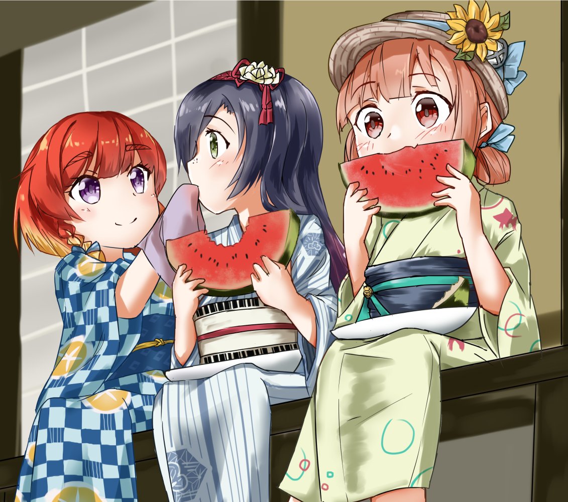 3girls bangs blonde_hair blue_hair blush braid eating etorofu_(kancolle) eyebrows_visible_through_hair fang food freckles fruit gradient_hair green_eyes hair_ornament hair_ribbon hat holding holding_food holding_fruit japanese_clothes kaiboukan_no._4_(kancolle) kantai_collection kimono long_hair makinoki matsuwa_(kancolle) multicolored_hair multiple_girls obi open_mouth purple_hair red_eyes redhead ribbon sash side_braids sitting skin_fang smile thick_eyebrows violet_eyes watermelon yukata