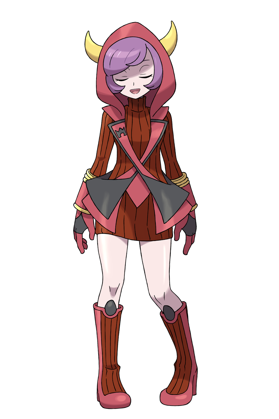 1girl :d asatsuki_(fgfff) bangs boots brown_dress closed_eyes commentary_request courtney_(pokemon) dress eyelashes fake_horns full_body gloves highres hood hood_up horns knees open_mouth pigeon-toed pokemon pokemon_(game) pokemon_oras purple_hair red_footwear red_gloves shiny shiny_skin short_hair smile solo standing sweater sweater_dress team_magma team_magma_uniform tongue transparent_background turtleneck_dress uniform