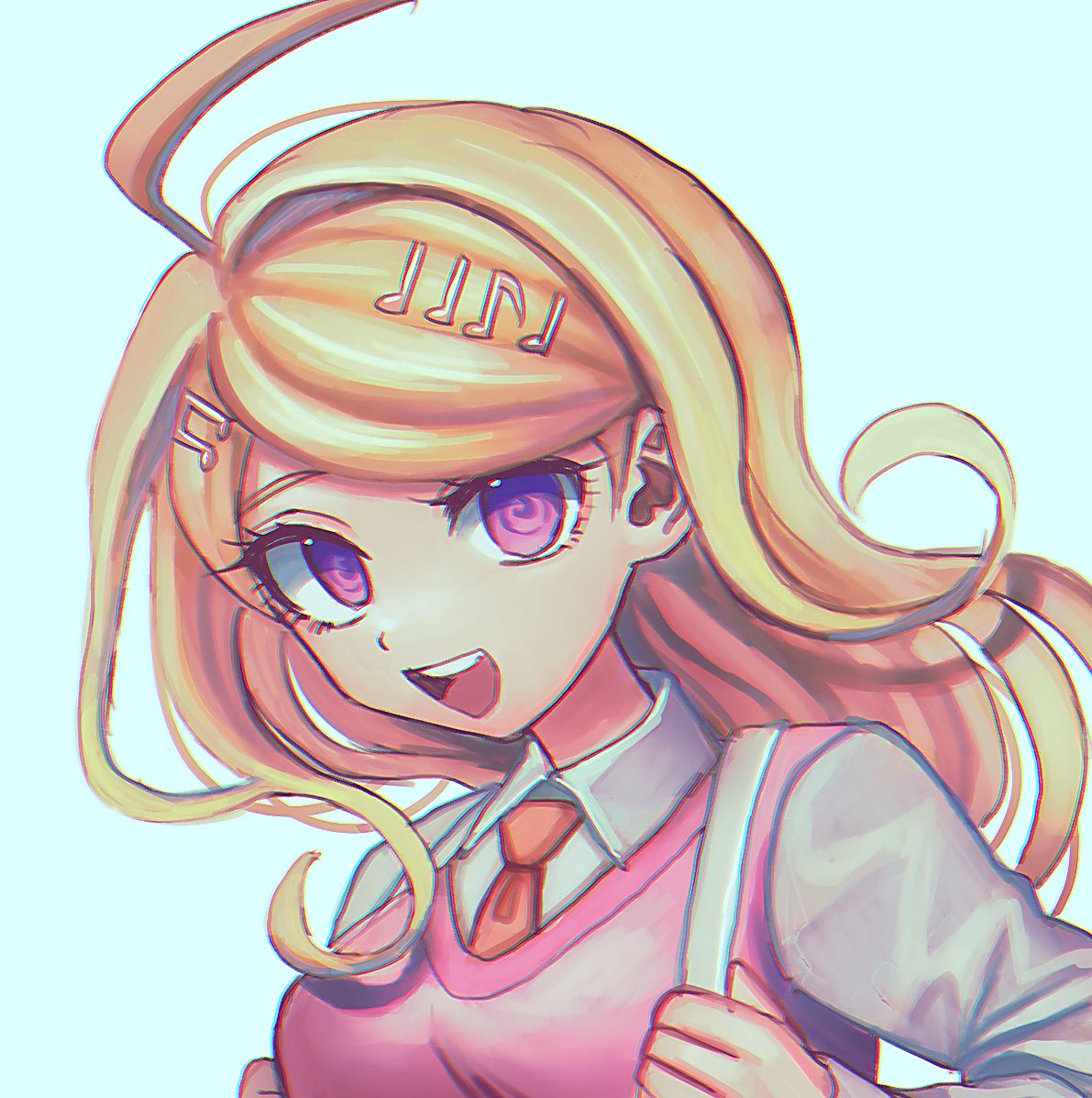 1girl ahoge akamatsu_kaede bangs blonde_hair breasts collared_shirt danganronpa_(series) danganronpa_v3:_killing_harmony esu_(tasoesu) hair_ornament long_hair long_sleeves looking_at_viewer medium_breasts musical_note musical_note_hair_ornament necktie open_mouth orange_neckwear shirt simple_background skirt smile solo upper_body