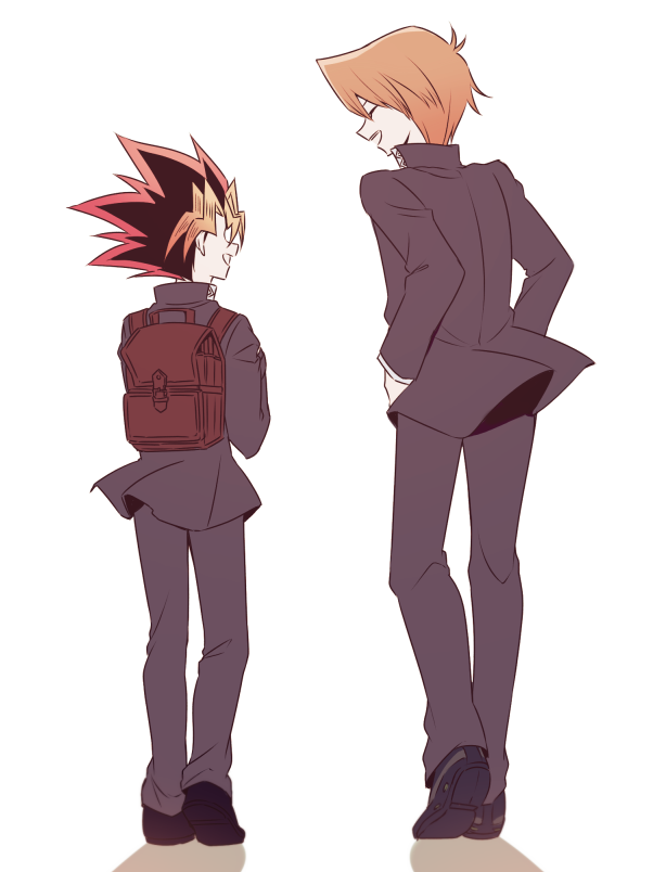 2boys backpack bag bangs blonde_hair commentary_request facing_another facing_away facing_to_the_side from_behind jacket jounouchi_katsuya male_focus multicolored_hair multiple_boys nemu_mohu open_mouth pants profile redhead shoes simple_background smile spiky_hair teeth white_background yu-gi-oh! yu-gi-oh!_duel_monsters