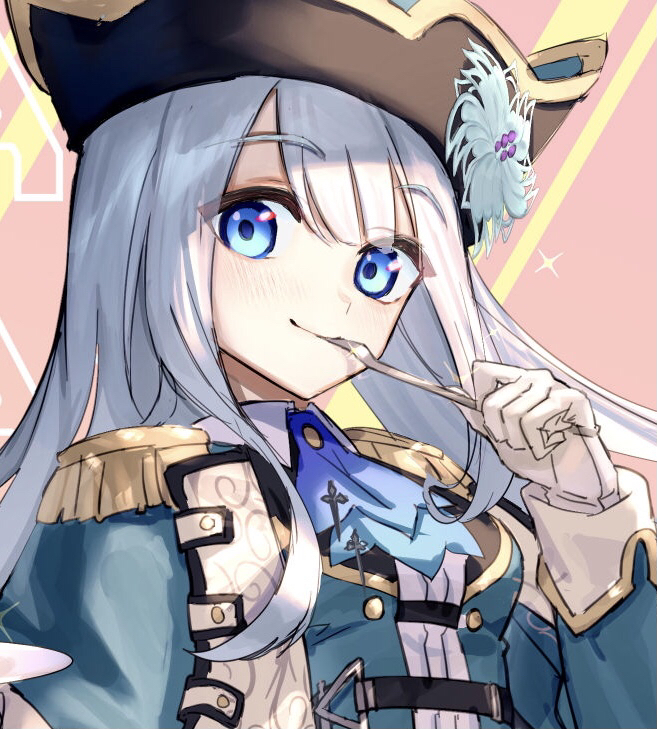 1girl aqua_capelet aqua_jacket ascot ban_hada bangs blue_eyes blue_neckwear breasts canata_katana collared_shirt eating eyebrows_visible_through_hair fork hat holding holding_fork jacket looking_at_viewer nijisanji nijisanji_kr pirate_hat shirt silver_hair small_breasts smile solo virtual_youtuber white_shirt