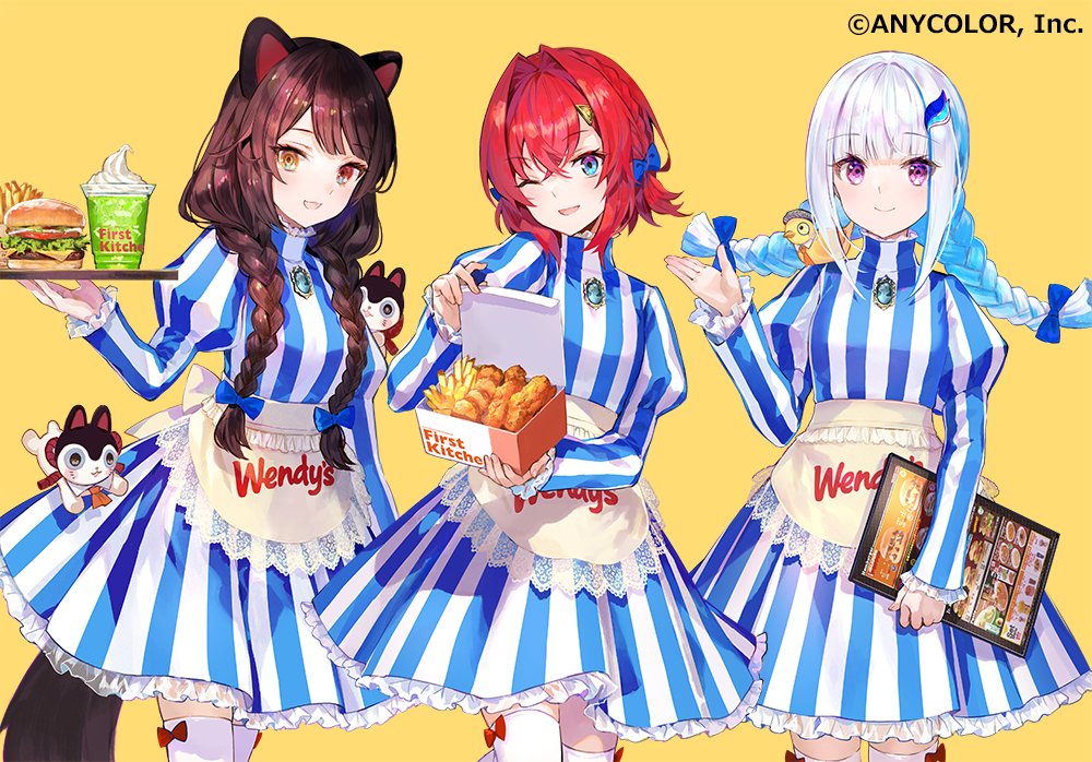 3girls ange_katrina animal_ears apron bangs blue_eyes blue_hair box braid brown_hair chicken_(food) colored_inner_hair cosplay dog_ears dog_girl dress feather_hair_ornament feathers food french_fries fuzichoco hair_ornament heterochromia holding holding_box holding_tray inui_toko lize_helesta long_hair multicolored_hair multiple_girls nijisanji official_art one_eye_closed red_eyes sebastian_piyodore short_hair silver_hair skirt smile striped striped_dress tray twin_braids vertical-striped_skirt vertical_stripes violet_eyes virtual_youtuber wendy's wendy_(wendy's) wendy_(wendy's)_(cosplay) yellow_background yellow_eyes