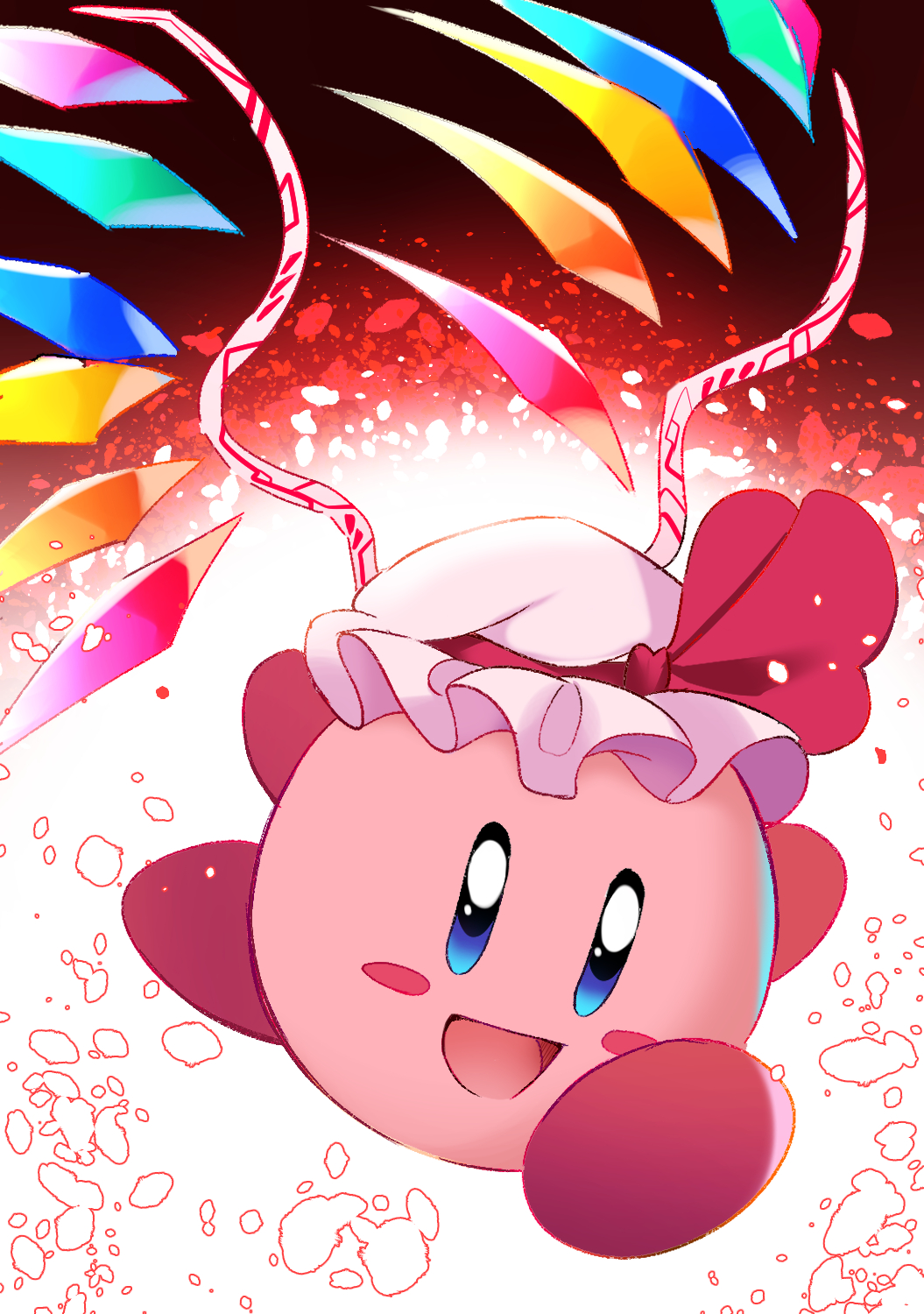 1boy arms_up black_background black_eyes blue_eyes brown_background colored_skin creature crystal e.o. flandre_scarlet gradient gradient_background hands_up hat hat_ribbon highres jewelry kirby kirby's_dream_land kirby_(series) looking_to_the_side mob_cap multicolored multicolored_wings open_mouth pink_skin red_background red_ribbon ribbon running smile solo touhou white_background white_headwear wings