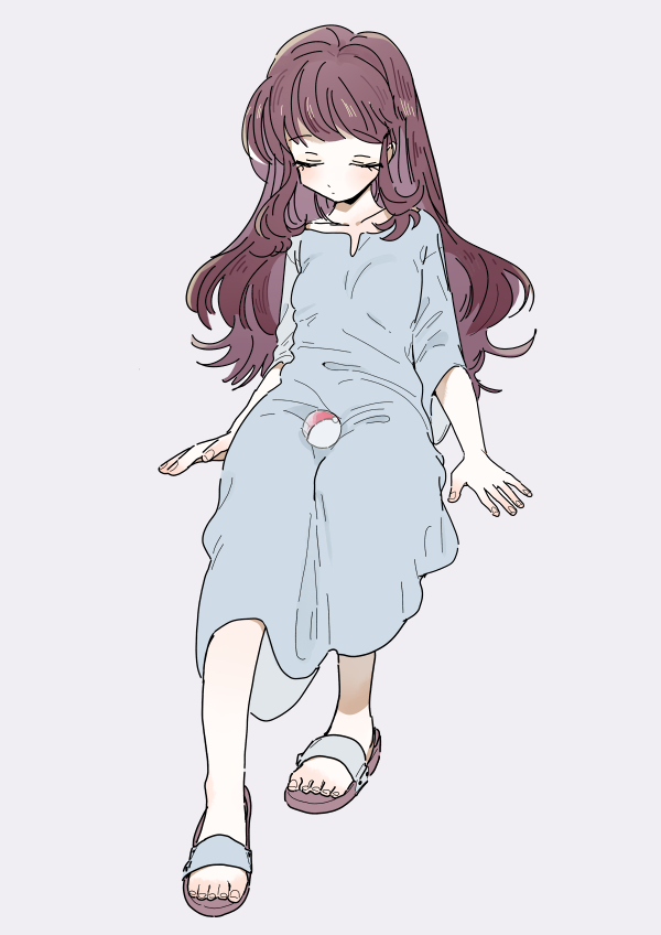 1girl bangs blush brown_hair closed_eyes closed_mouth dress eyelashes full_body grey_dress hagetapo hair_down hilda_(pokemon) long_hair poke_ball poke_ball_(basic) pokemon pokemon_(game) pokemon_bw sandals sidelocks sleeves_past_elbows solo toes