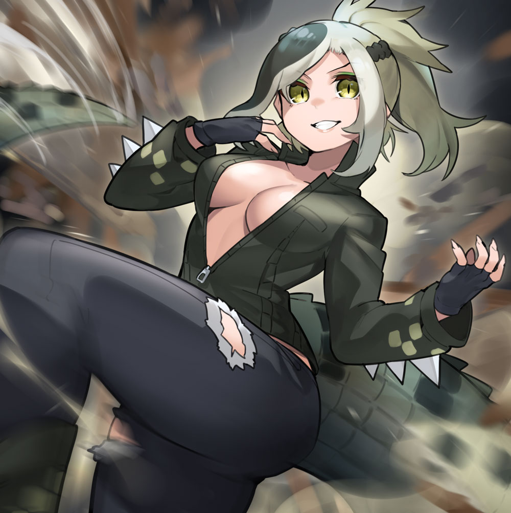 1girl asymmetrical_hair baniran_dorosu black_gloves black_pants braid breast_pocket breasts collarbone collared_jacket crocodilian_tail fingerless_gloves fingernails french_braid gloves green_eyes green_hair green_jacket grin hand_to_own_mouth hands_up high_collar high_ponytail jacket kemono_friends long_hair long_sleeves looking_at_viewer medium_breasts motion_blur multicolored_hair no_bra pants partially_unzipped pocket pose saltwater_crocodile_(kemono_friends) sharp_fingernails slit_pupils smile solo spiked_jacket spikes tail torn_clothes torn_pants zipper zipper_pull_tab