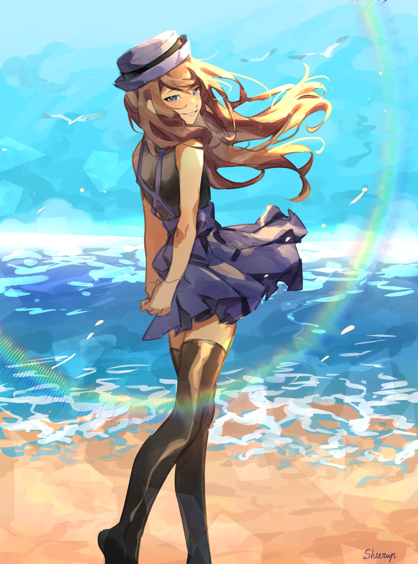 1girl bangs bare_arms bird blush brown_hair brown_legwear commentary day english_commentary floating_hair hat highres long_hair outdoors parted_lips pleated_skirt pokemon pokemon_(game) pokemon_xy sand serena_(pokemon) sheery_sbox shirt shore signature skirt sleeveless sleeveless_shirt smile solo standing thigh-highs tiptoes water