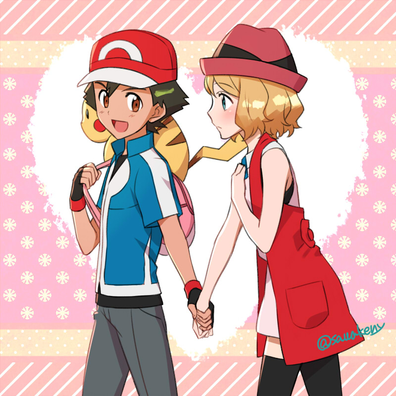 1boy 1girl ash_ketchum bangs bare_arms baseball_cap black_gloves blonde_hair blue_eyes blue_jacket blush brown_eyes closed_mouth commentary_request eyelashes fingerless_gloves gen_1_pokemon gloves grey_pants hand_up hat holding_strap jacket kanimaru pants pikachu pink_bag pokemon pokemon_(anime) pokemon_(creature) pokemon_xy_(anime) red_headwear serena_(pokemon) shiny shiny_hair short_hair short_sleeves