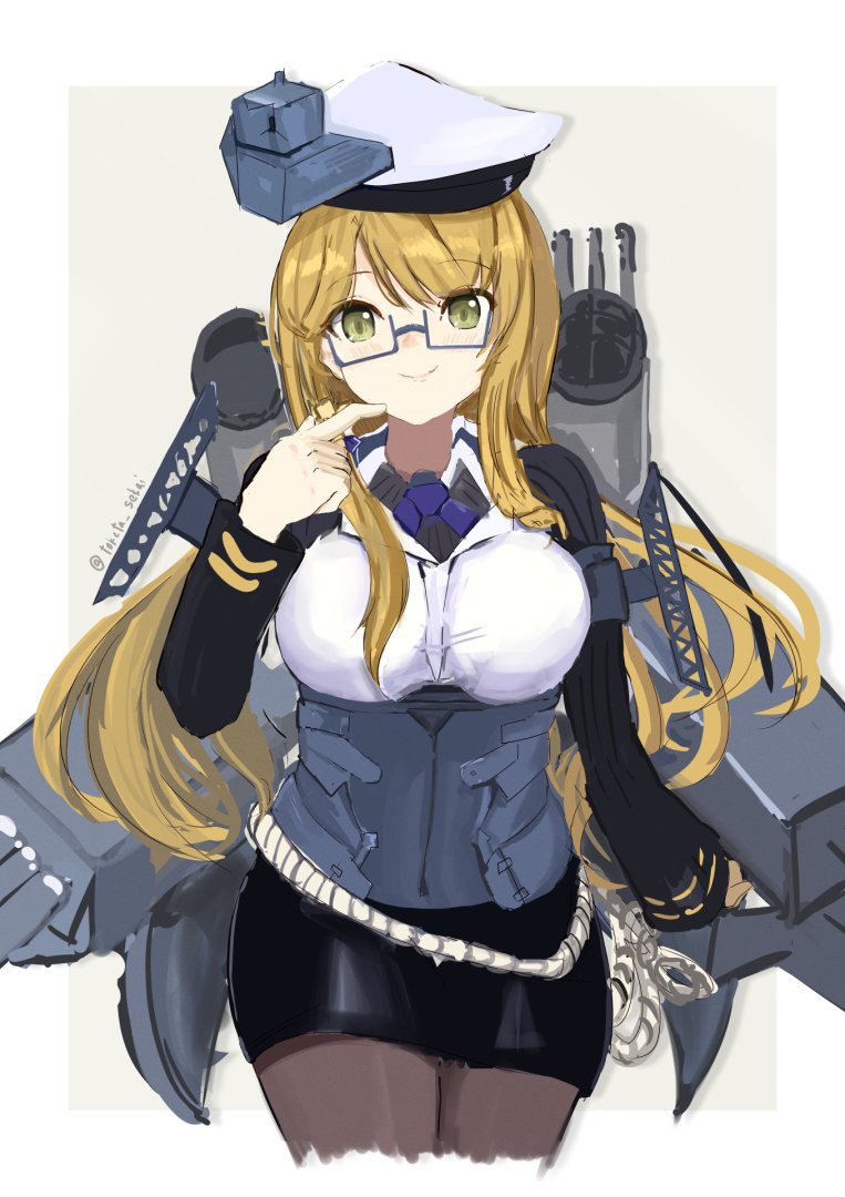 1girl bangs black_legwear black_skirt blonde_hair blue-framed_eyewear blush breasts cropped_legs eyebrows_visible_through_hair glasses green_eyes hair_between_eyes hat kantai_collection large_breasts long_hair long_sleeves looking_at_viewer northampton_(kancolle) one-hour_drawing_challenge pantyhose pencil_skirt pointing pointing_at_self rigging sidelocks simple_background skirt smile solo toketa-sekai twitter_username two-tone_background