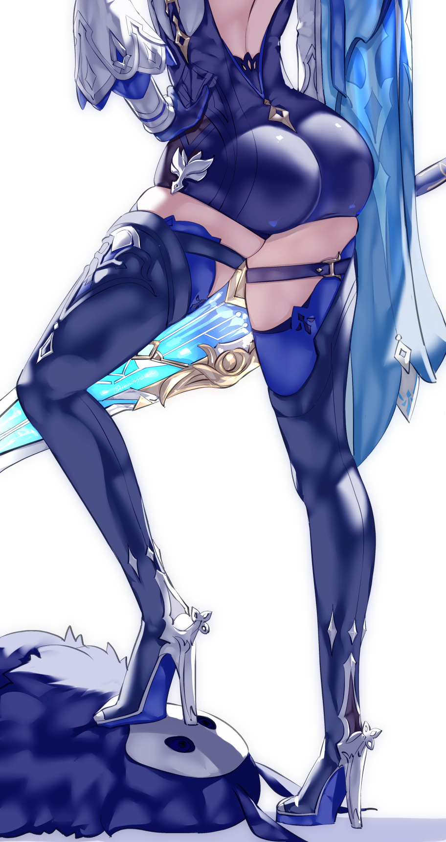 1girl abyss_mage_(genshin_impact) ass black_gloves black_legwear black_leotard blue_cape blue_neckwear cape eula_(genshin_impact) genshin_impact gloves high_heels highres leotard long_sleeves mask necktie sword thigh-highs uenoryoma weapon