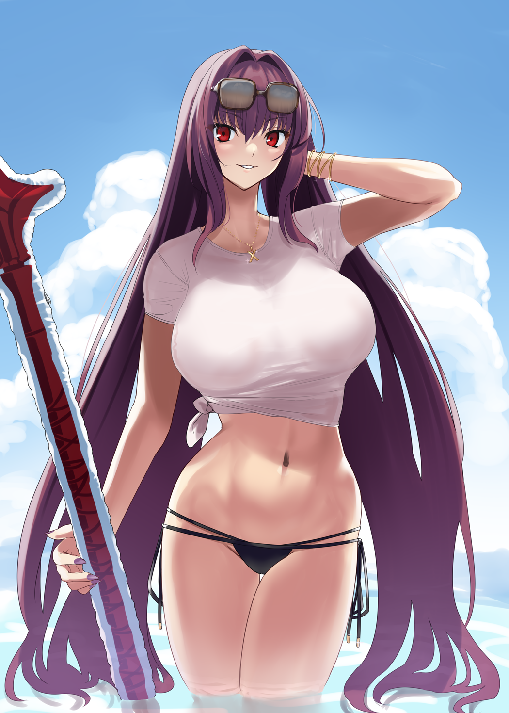 1girl bangs bikini bikini_bottom black_bikini blue_sky bracelet breasts eyewear_on_head fate/grand_order fate_(series) gachou gae_bolg_(fate) hair_between_eyes highres inflatable_toy jewelry large_breasts long_hair looking_at_viewer navel necklace ocean purple_hair red_eyes scathach_(fate) scathach_(fate)_(all) shirt short_sleeves sky smile solo sunglasses swimsuit thighs tied_shirt wading wet white_shirt
