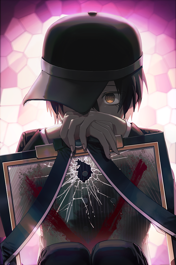 1boy 50k_v3 ahoge bangs black_hair black_headwear black_pants broken_glass brown_eyes buttons commentary_request covered_mouth danganronpa_(series) danganronpa_v3:_killing_harmony glass gloves hat holding iei jacket long_sleeves male_focus pants pink_background saihara_shuuichi short_hair solo striped striped_jacket white_background x