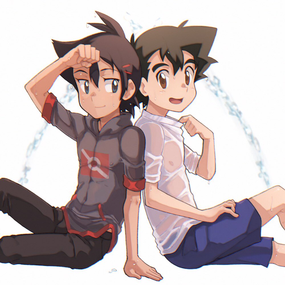 2boys arm_support ash_ketchum back-to-back bangs brown_eyes brown_hair brown_pants closed_mouth commentary covered_navel from_side goh_(pokemon) grey_shirt hair_between_eyes looking_back male_focus multiple_boys open_mouth pants pokemon pokemon_(anime) pokemon_swsh_(anime) shirt short_sleeves shorts sitting smile tama!_(lazyturtle) tongue wet wet_clothes wet_shirt white_shirt