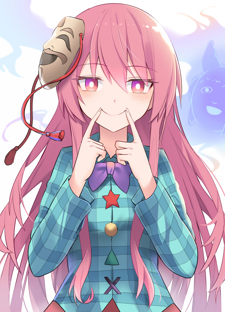 1girl aqua_shirt bow bowtie collared_shirt e.o. fingernails hata_no_kokoro highres long_hair long_sleeves mask mask_on_head new_mask_of_hope pink_eyes pink_hair pink_skirt plaid plaid_shirt purple_bow purple_bowtie shirt skirt smile solo star_(symbol) touhou triangle upper_body