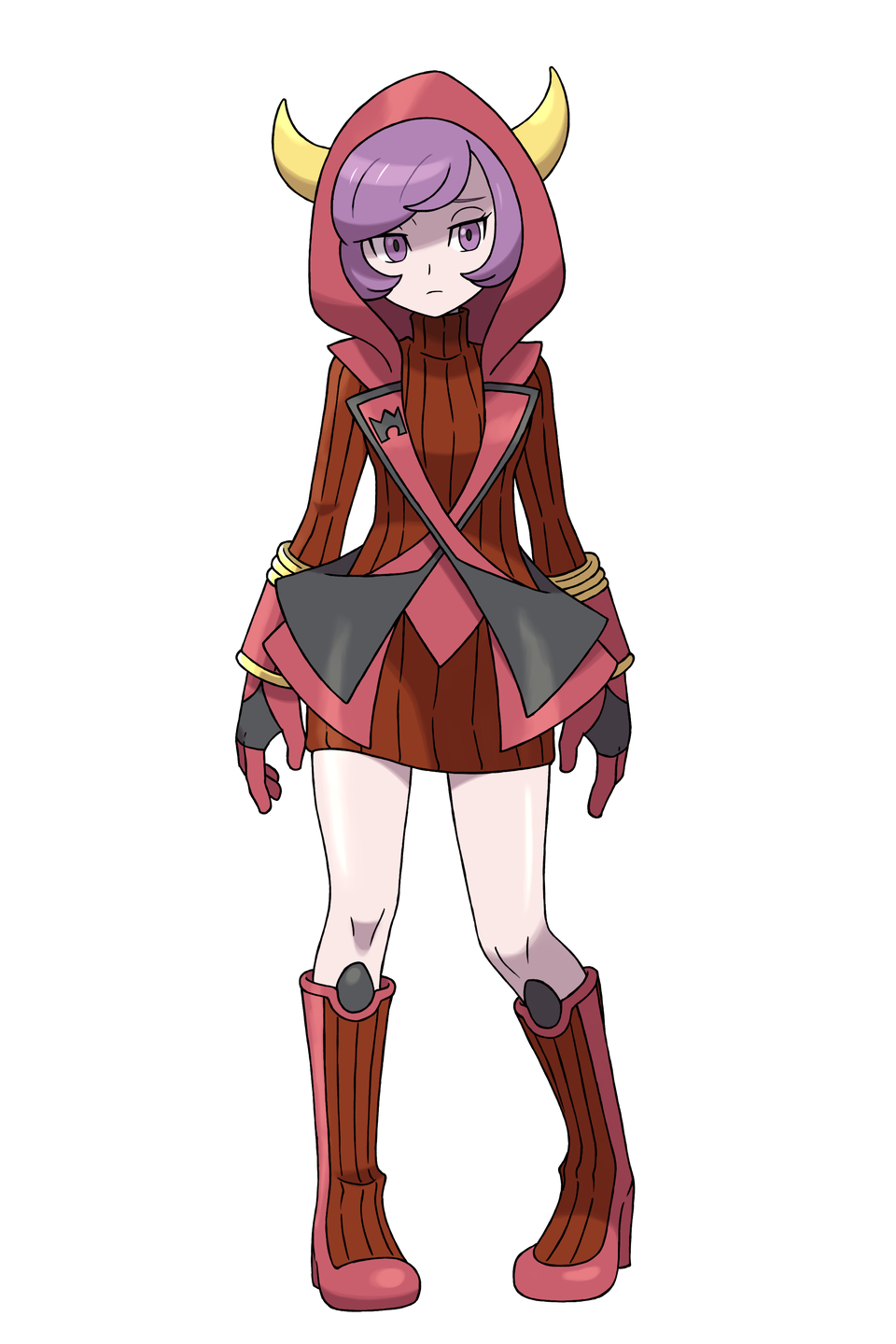 1girl asatsuki_(fgfff) bangs boots brown_dress closed_mouth commentary_request courtney_(pokemon) dress eyelashes fake_horns full_body gloves highres hood hood_up horns knees looking_away pigeon-toed pokemon pokemon_(game) pokemon_oras purple_hair red_footwear red_gloves shiny shiny_skin short_hair solo standing sweater sweater_dress team_magma team_magma_uniform transparent_background turtleneck_dress uniform violet_eyes