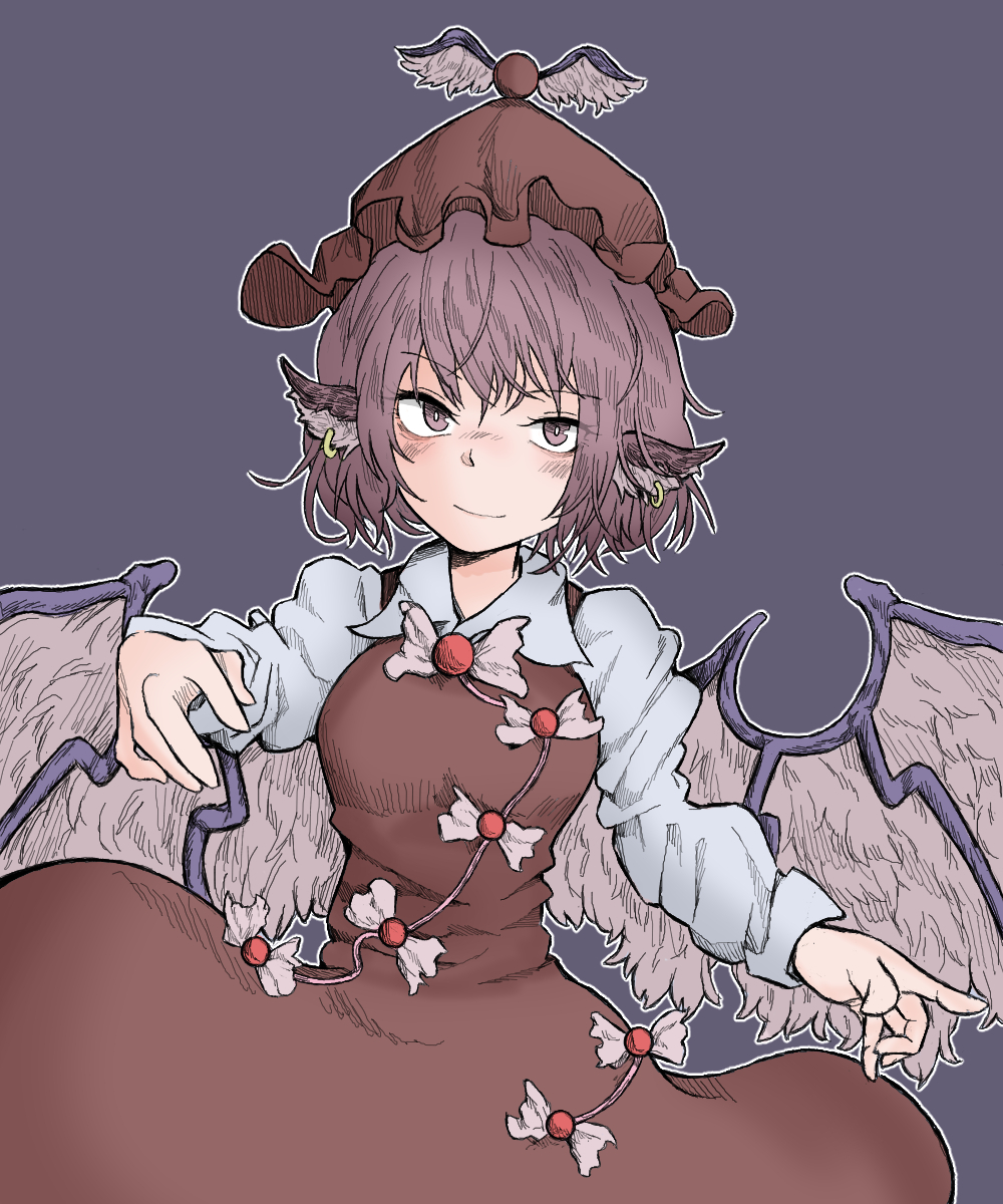 1girl animal_ears bangs bird_ears bird_wings black_background brown_dress brown_eyes brown_headwear closed_mouth cowboy_shot dress earrings eyebrows_visible_through_hair fe_(tetsu) highres jewelry juliet_sleeves long_hair long_sleeves looking_at_viewer mystia_lorelei pink_hair puffy_sleeves short_hair simple_background smile solo standing touhou winged_hat wings