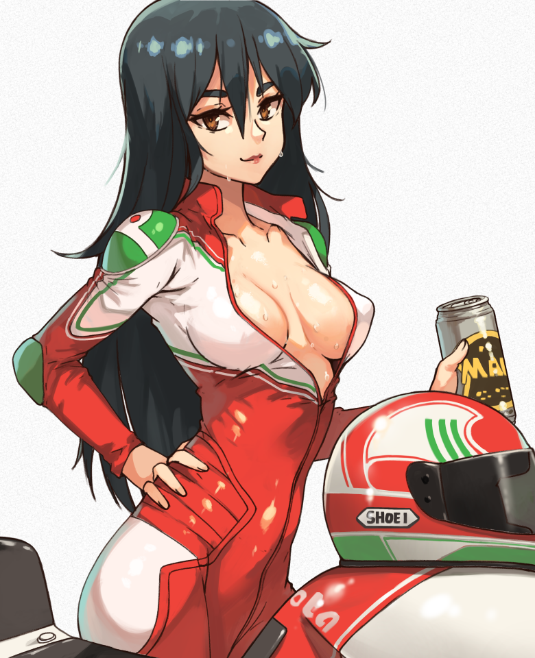 1girl beer_can biker_clothes bikesuit black_hair bodysuit breasts breasts_apart brown_eyes can closed_mouth contrapposto covered_nipples cowboy_shot golden_boy ground_vehicle hair_between_eyes hand_on_hip headwear_removed helmet helmet_removed holding holding_can long_hair long_sleeves looking_at_viewer medium_breasts motor_vehicle motorcycle motorcycle_helmet photo-referenced red_bodysuit seductive_smile simple_background smile solo standing terayama_reiko unzipped vins-mousseux wet wet_hair white_background
