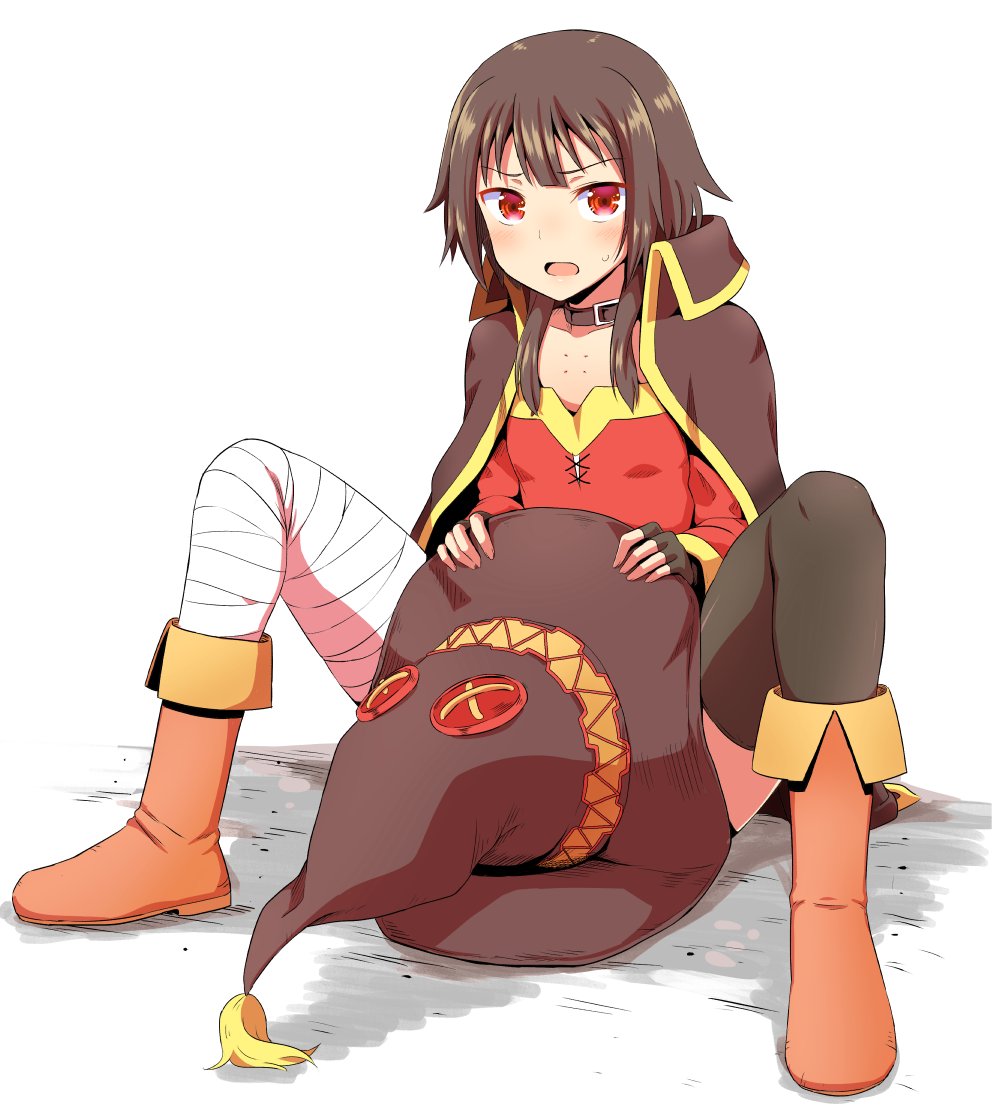 1girl :o bandaged_leg bandages bangs black_cape black_choker black_gloves black_headwear black_legwear blush boots brown_footwear brown_hair buckle cape choker covering covering_crotch eyebrows_visible_through_hair fingerless_gloves frown gloves hat hat_removed headwear_removed kono_subarashii_sekai_ni_shukufuku_wo! looking_at_viewer low_neckline megumin on_ground ponkotsu red_eyes short_hair short_hair_with_long_locks sidelocks simple_background single_thighhigh sitting spread_legs sweatdrop thigh-highs thighs white_background witch_hat