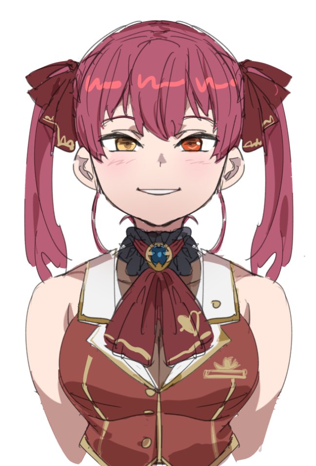 1girl bare_shoulders blush bow bow_(bhp) bowtie heterochromia hololive houshou_marine looking_at_viewer medium_hair no_eyepatch parted_lips red_bow red_eyes red_neckwear red_vest redhead simple_background smile solo twintails upper_body vest white_background yellow_eyes