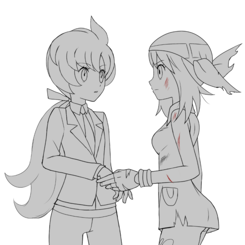 2girls anabel_(pokemon) asatsuki_(fgfff) bandana bangs bare_arms blood blood_on_arm blood_on_face breasts closed_mouth collared_shirt commentary_request dress eyebrows_visible_through_hair eyelashes from_side greyscale hair_ribbon holding_hands jacket long_hair may_(pokemon) monochrome multiple_girls necktie pants pokemon pokemon_(game) pokemon_emerald pokemon_rse pokemon_sm ponytail ribbon scrape shirt short_dress tied_hair