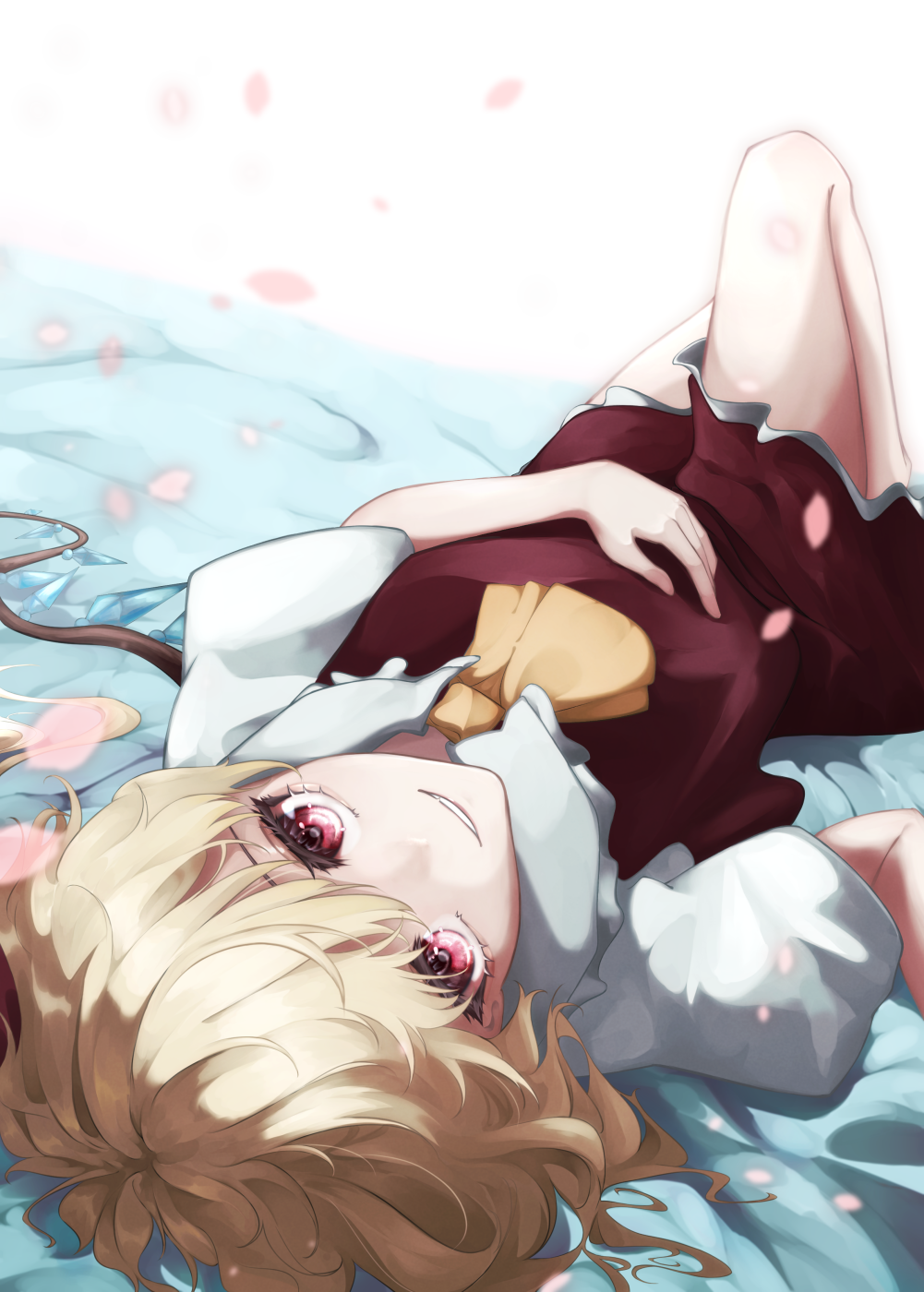 1girl ascot bangs bed blonde_hair breasts closed_mouth collar collared_dress crystal dress eyebrows_visible_through_hair flandre_scarlet hair_between_eyes hair_ribbon highres jewelry looking_at_viewer lying medium_breasts mizuhichi no_hat no_headwear on_back one_eye_closed petals puffy_short_sleeves puffy_sleeves red_dress red_eyes red_ribbon ribbon shirt short_hair short_sleeves solo teeth touhou white_background white_shirt wings yellow_neckwear