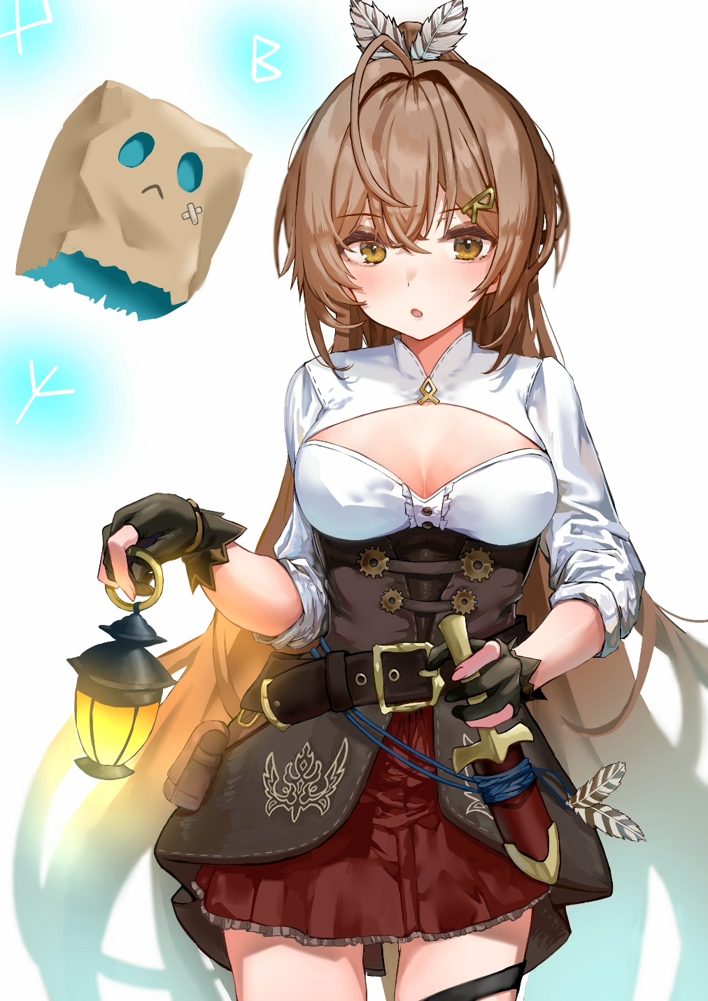 1girl absurdly_long_hair ahoge bangs belt belt_buckle belt_pouch breasts brown_hair buckle cleavage_cutout clothing_cutout crest dagger eyebrows_visible_through_hair feather_hair_ornament feathers fingerless_gloves friend_(nanashi_mumei) gloves hair_between_eyes hair_ornament hairclip highres holding holding_dagger holding_lantern holding_weapon hololive hololive_english knife lantern long_hair nanashi_mumei open_mouth owl_girl ponytail pouch red_skirt shirt sidelocks skirt sleeves_rolled_up solo thigh_strap very_long_hair virtual_youtuber weapon white_shirt yamada_(iroha97151188) yellow_eyes