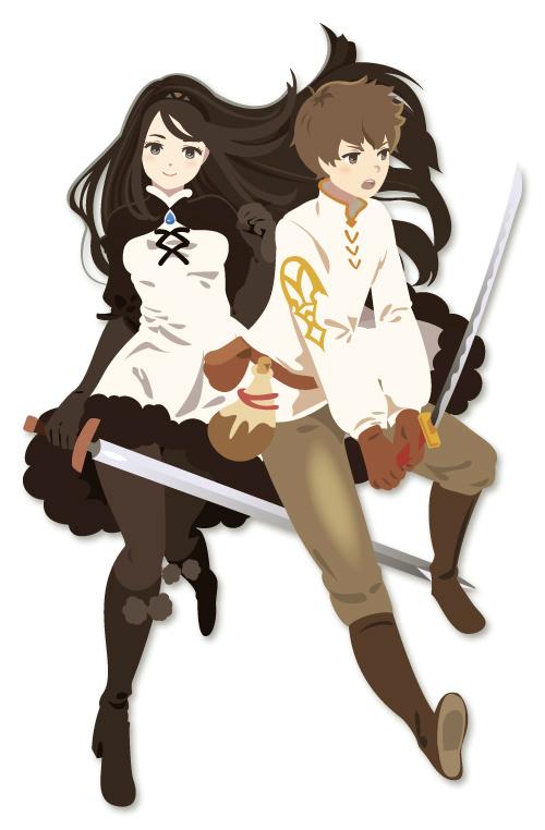 1boy 1girl agnes_oblige black_gloves black_hair bravely_default bravely_default_(series) bravely_default_1 breasts brown_eyes brown_hair closed_mouth couple dress gloves hairband long_hair looking_at_viewer love nintendo open_mouth simple_background smile square_enix sword tiz_oria weapon white_background