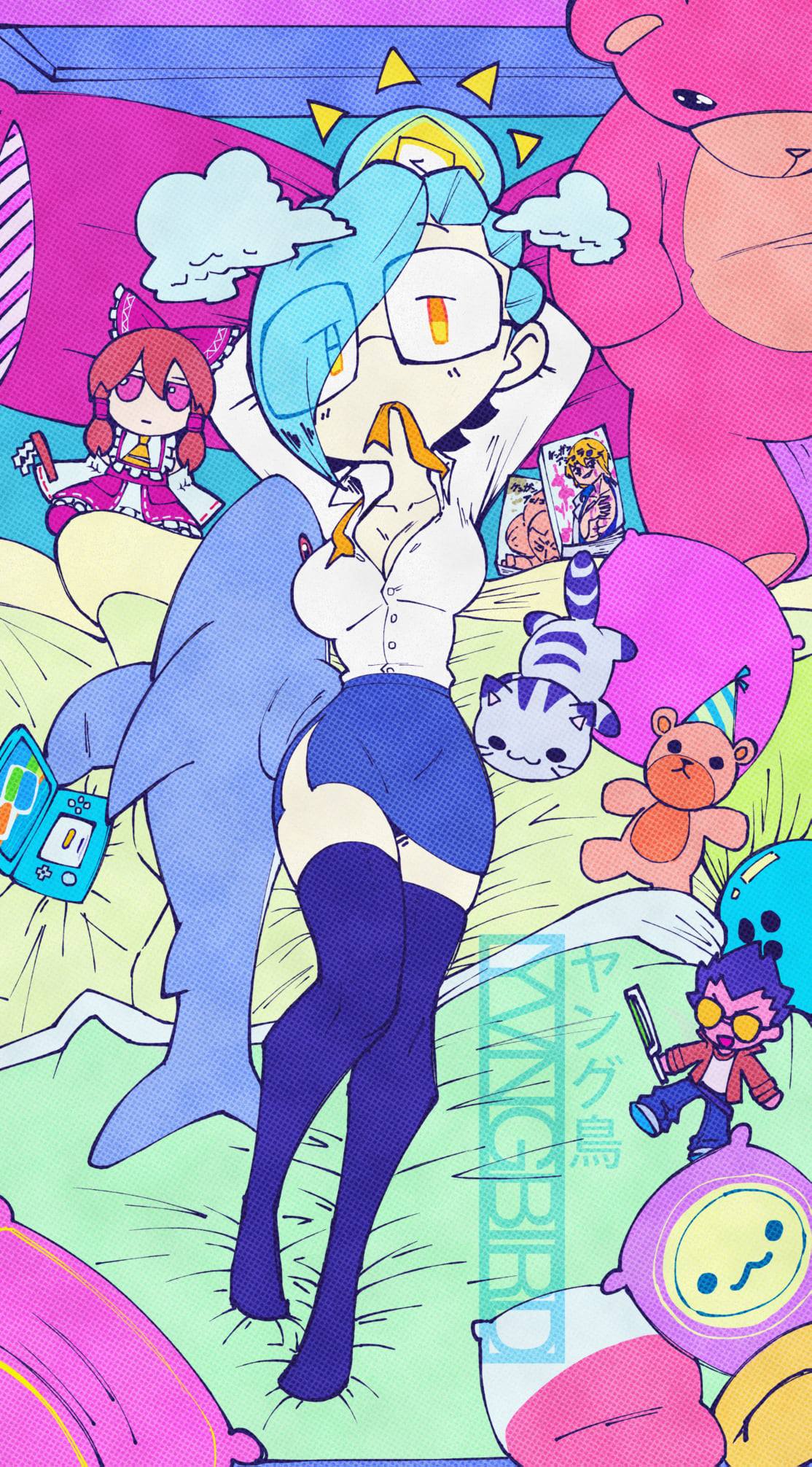 1girl blue_hair cat clown dolphin full_body fumo_(doll) glasses hair_over_eyes hakurei_reimu hand_in_hair handheld_game_console highres lying manga_(object) nintendo_3ds office_lady on_bed one_eye_covered orange_eyes original pillow shirt solo stuffed_animal stuffed_toy sun teddy_bear thigh-highs travis_touchdown white_shirt yellow_eyes yungbird