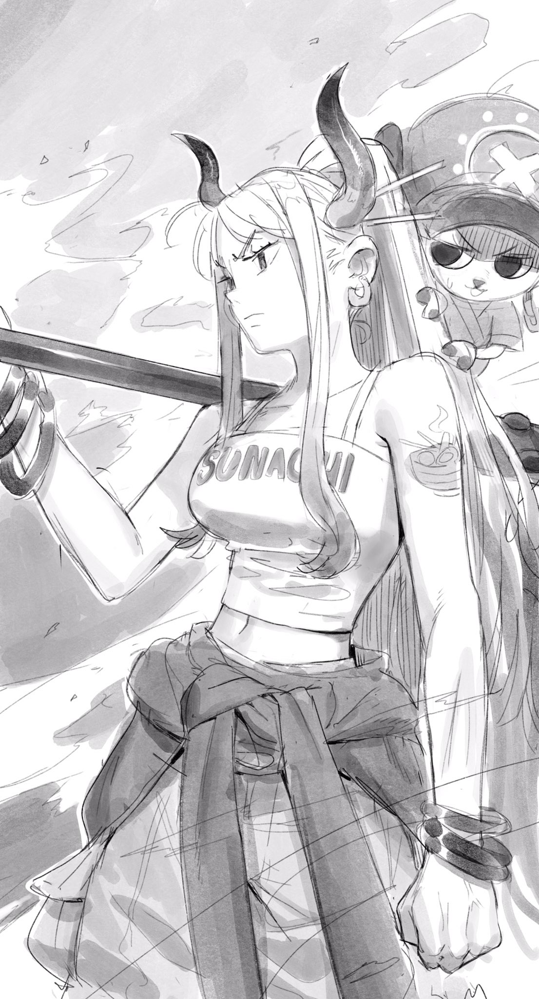 1boy 1girl bare_shoulders clenched_hands closed_mouth clothes_around_waist club_(weapon) crop_top earrings edpan greyscale hair_ornament hair_stick hat highres holding holding_weapon horns jacket jacket_around_waist jewelry long_hair monochrome navel one_piece pants ponytail shirt shoulder_tattoo standing tattoo tony_tony_chopper weapon yamato_(one_piece)