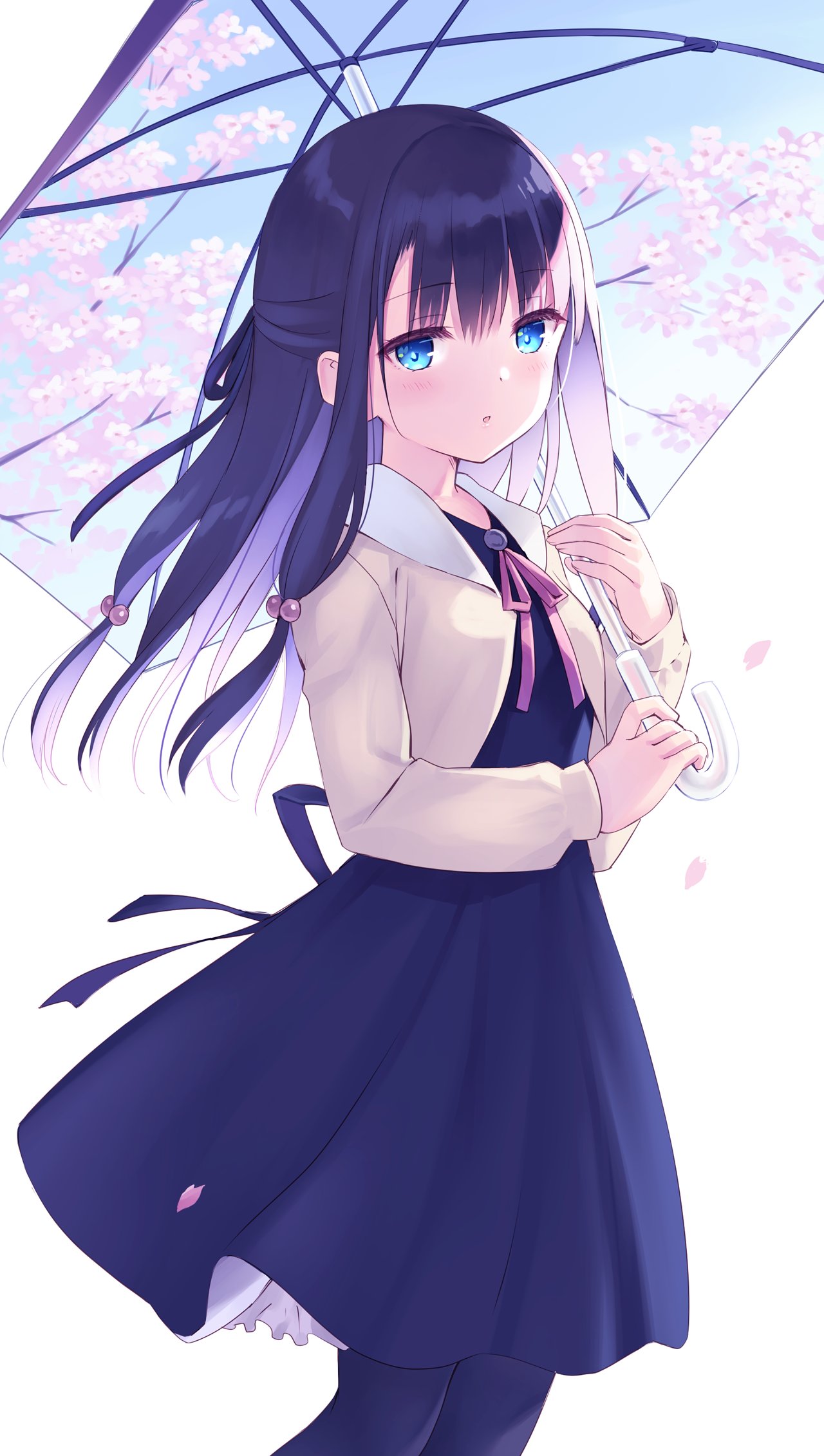 1girl arms_up black_hair blue_eyes braid coat hair_between_eyes highres long_hair na-ga original pantyhose purple_hair ribbon shirt umbrella