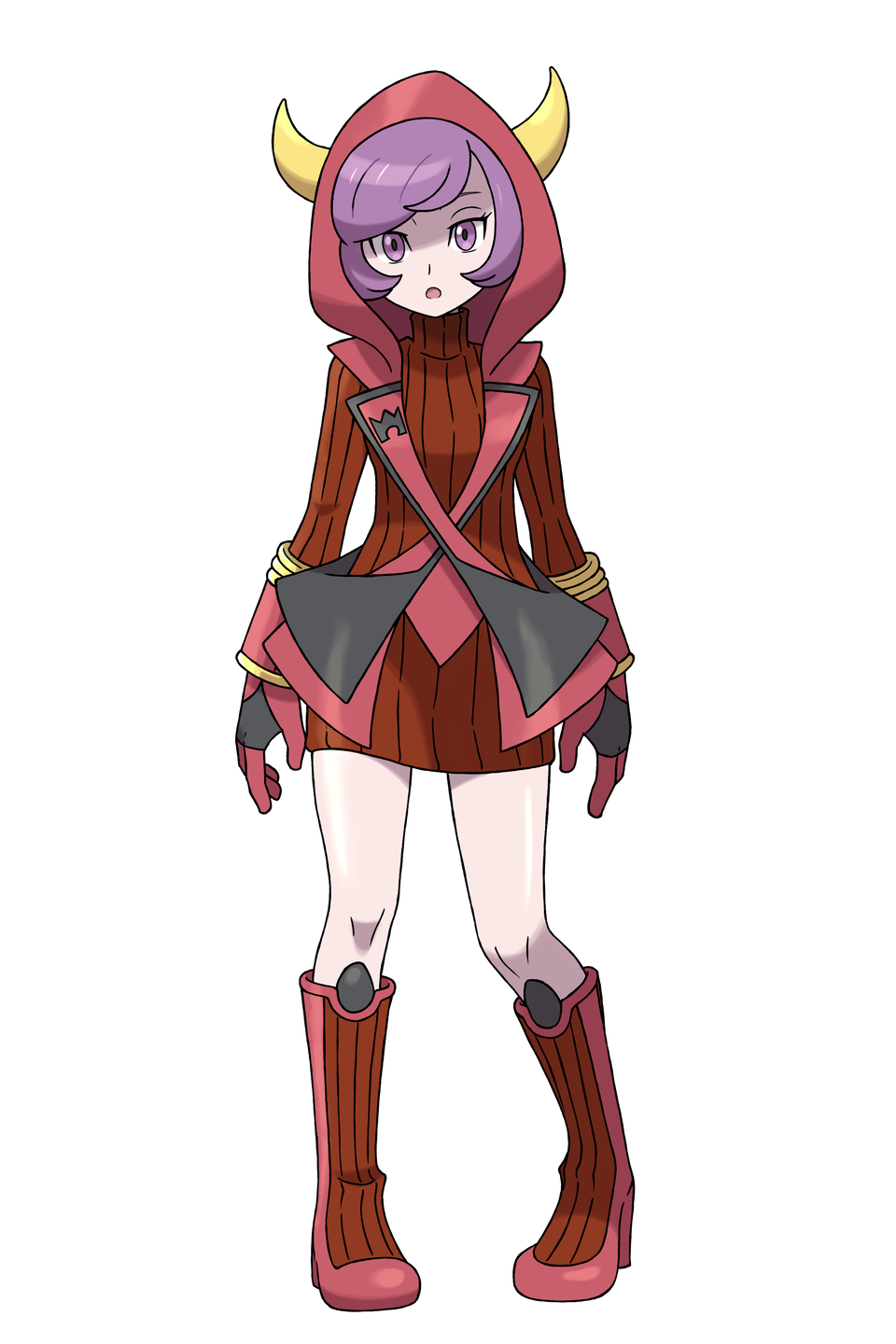 1girl :o asatsuki_(fgfff) bangs boots brown_dress commentary_request courtney_(pokemon) dress eyelashes fake_horns full_body gloves highres hood hood_up horns knees looking_at_viewer pigeon-toed pokemon pokemon_(game) pokemon_oras purple_hair red_footwear red_gloves shiny shiny_skin short_hair solo standing sweater sweater_dress team_magma team_magma_uniform transparent_background turtleneck_dress uniform violet_eyes