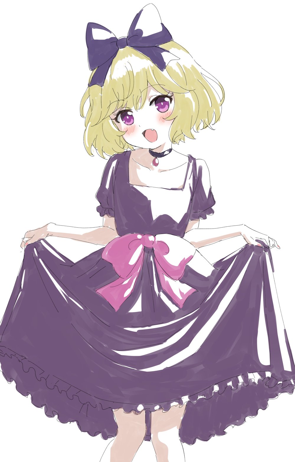1girl :d black_choker blonde_hair blush bow choker copyright_request dress fang hair_bow head_tilt highres looking_at_viewer medium_hair open_mouth pink_bow pink_eyes puffy_short_sleeves puffy_sleeves purple_bow purple_dress short_sleeves simple_background sincos skirt_hold smile solo standing white_background