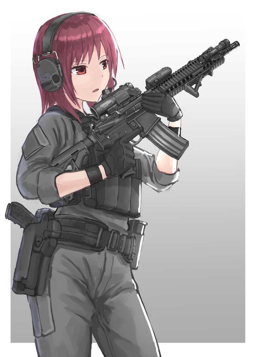 1girl aiming alternate_costume angel_beats! belt black_gloves black_pants border commentary_request commission contrapposto cowboy_shot d-sawa613 earmuffs gloves gradient gradient_background grey_background gun highres iwasawa pants red_eyes redhead rifle short_hair skeb_commission solo weapon weapon_request white_border