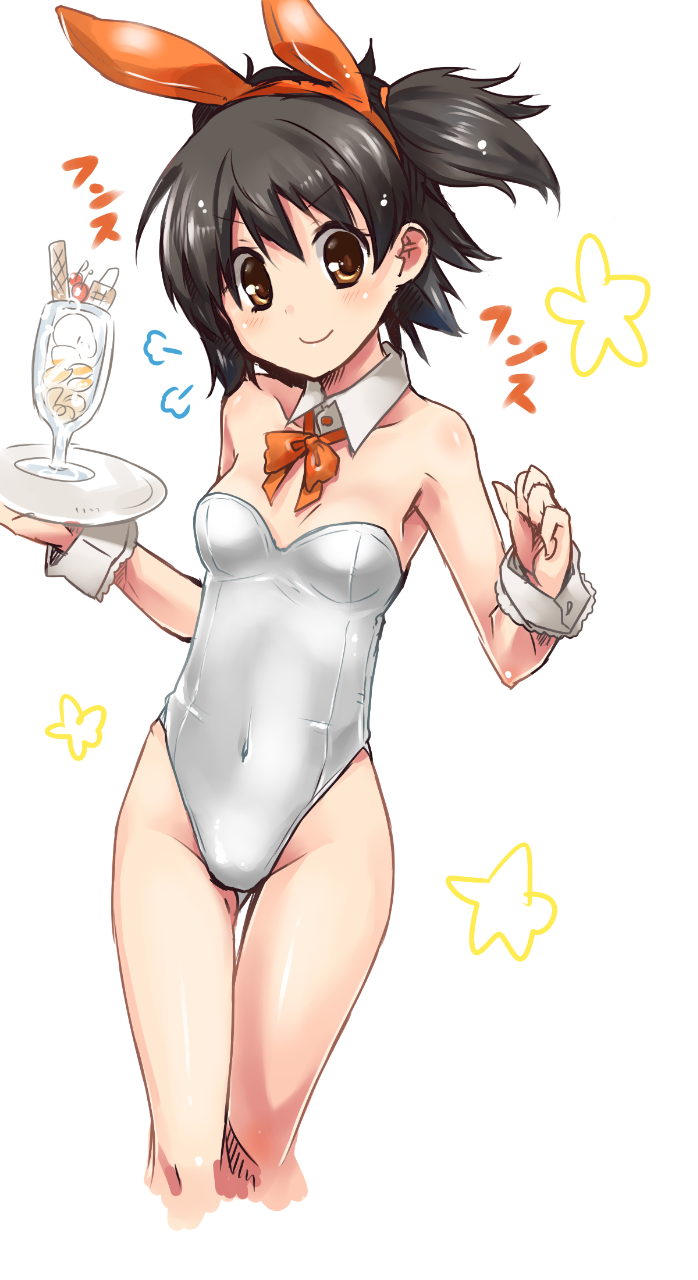 1girl akagi_miria animal_ears bare_legs black_hair bow bowtie breasts brown_eyes commentary_request covered_navel cowboy_shot cropped_legs detached_collar fake_animal_ears highres idolmaster idolmaster_cinderella_girls leotard looking_at_viewer orange_neckwear paopao parfait playboy_bunny rabbit_ears short_hair simple_background small_breasts solo strapless strapless_leotard thigh_gap two_side_up white_background white_leotard wrist_cuffs