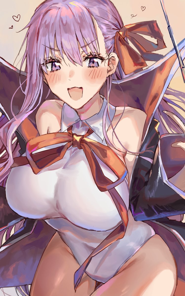 1girl bangs bare_shoulders bb_(fate) bb_(swimsuit_mooncancer)_(fate) black_coat blush breasts coat fate/grand_order fate_(series) gloves hair_ribbon highleg highleg_leotard highres inusaka large_breasts leotard long_hair looking_at_viewer neck_ribbon open_clothes open_coat open_mouth popped_collar purple_hair red_ribbon ribbon smile solo thighs very_long_hair violet_eyes wand white_gloves white_leotard