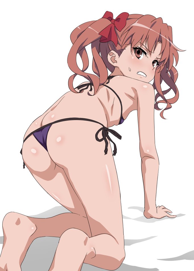 1girl ass bikini black_bikini blush breasts brown_eyes brown_hair butt_crack clenched_teeth eyebrows_visible_through_hair fujikawa_daichi hair_ornament hair_ribbon looking_at_viewer looking_back ribbon shiny shiny_hair shiny_skin shirai_kuroko side-tie_bikini simple_background small_breasts solo swimsuit teeth toaru_kagaku_no_railgun toaru_majutsu_no_index twintails white_background