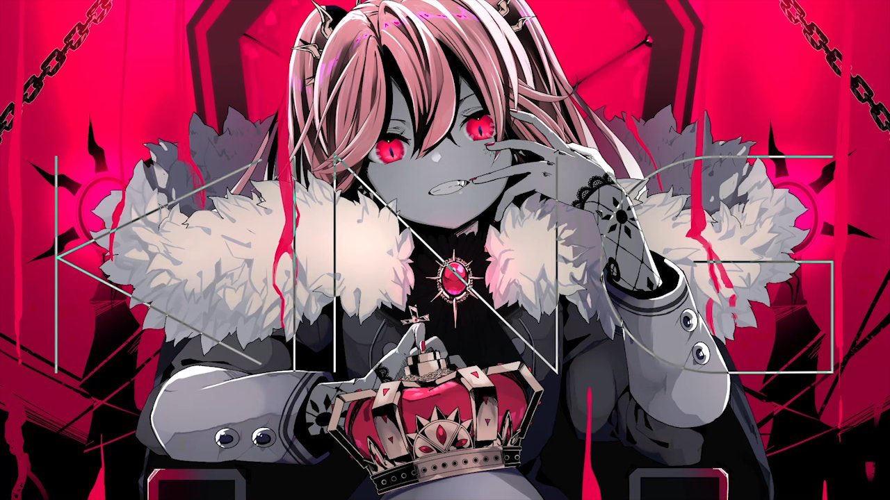 1girl akatsuki_mikado bangs brooch chain chair coat commentary_request crown crown_removed english_text fang finger_to_mouth fingernails fishnet_armwear fur-trimmed_coat fur_trim grin holding holding_crown jewelry king_(vocaloid) lilypse long_sleeves looking_at_viewer nage_(emae626) nail_polish official_art pink_background pink_eyes pink_hair pink_nails pink_theme second-party_source smile solo song_name straight-on teeth throne virtual_youtuber