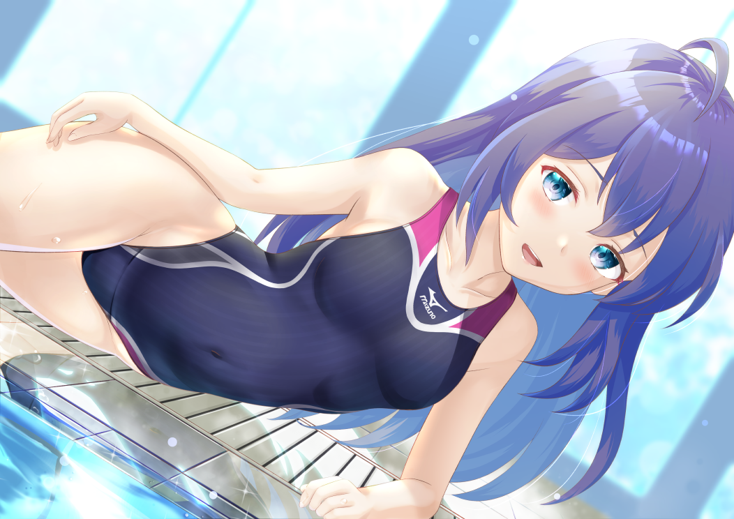 1girl ahoge black_swimsuit blue_eyes breasts commentary_request commission competition_swimsuit covered_navel dutch_angle hair_between_eyes idolmaster idolmaster_million_live! kuuron long_hair looking_at_viewer lying mizuno mochizuki_anna on_side one-piece_swimsuit poolside purple_hair skeb_commission small_breasts smile solo swimsuit