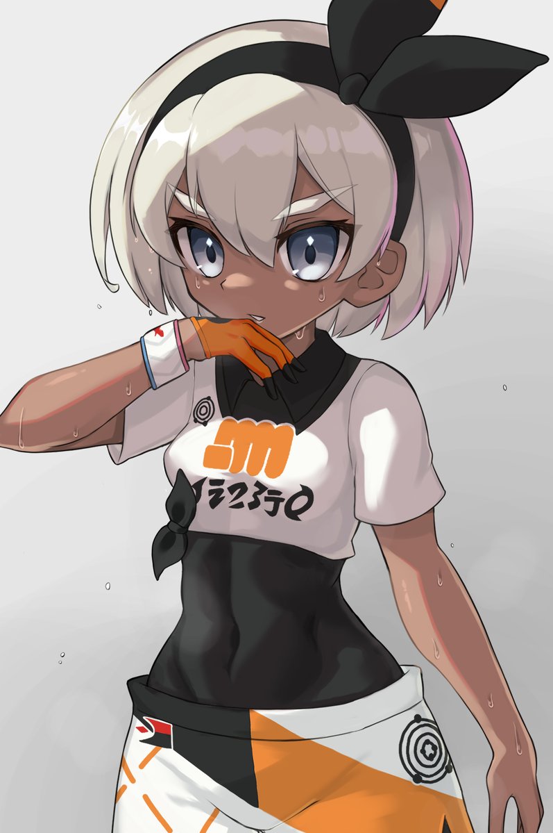 1girl bangs bea_(pokemon) black_bodysuit black_hairband bodysuit bodysuit_under_clothes bow_hairband collared_shirt commentary_request dynamax_band eyelashes gloves grey_eyes grey_hair hair_between_eyes hairband hand_up mt_kure parted_lips pokemon pokemon_(game) pokemon_swsh print_shirt print_shorts shirt short_sleeves shorts single_glove solo sweat