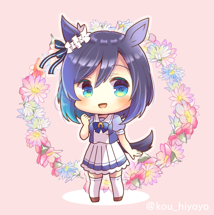 1girl :d animal_ears bangs black_hair blue_bow blue_eyes blue_flower blue_shirt blush bow brown_footwear chibi commentary_request eishin_flash_(umamusume) eyebrows_visible_through_hair floral_background flower full_body hair_between_eyes hand_up horse_ears horse_girl horse_tail kou_hiyoyo looking_at_viewer open_mouth pink_background pink_flower pleated_skirt puffy_short_sleeves puffy_sleeves shadow shirt shoes short_sleeves skirt smile solo standing tail thigh-highs umamusume white_flower white_legwear white_skirt