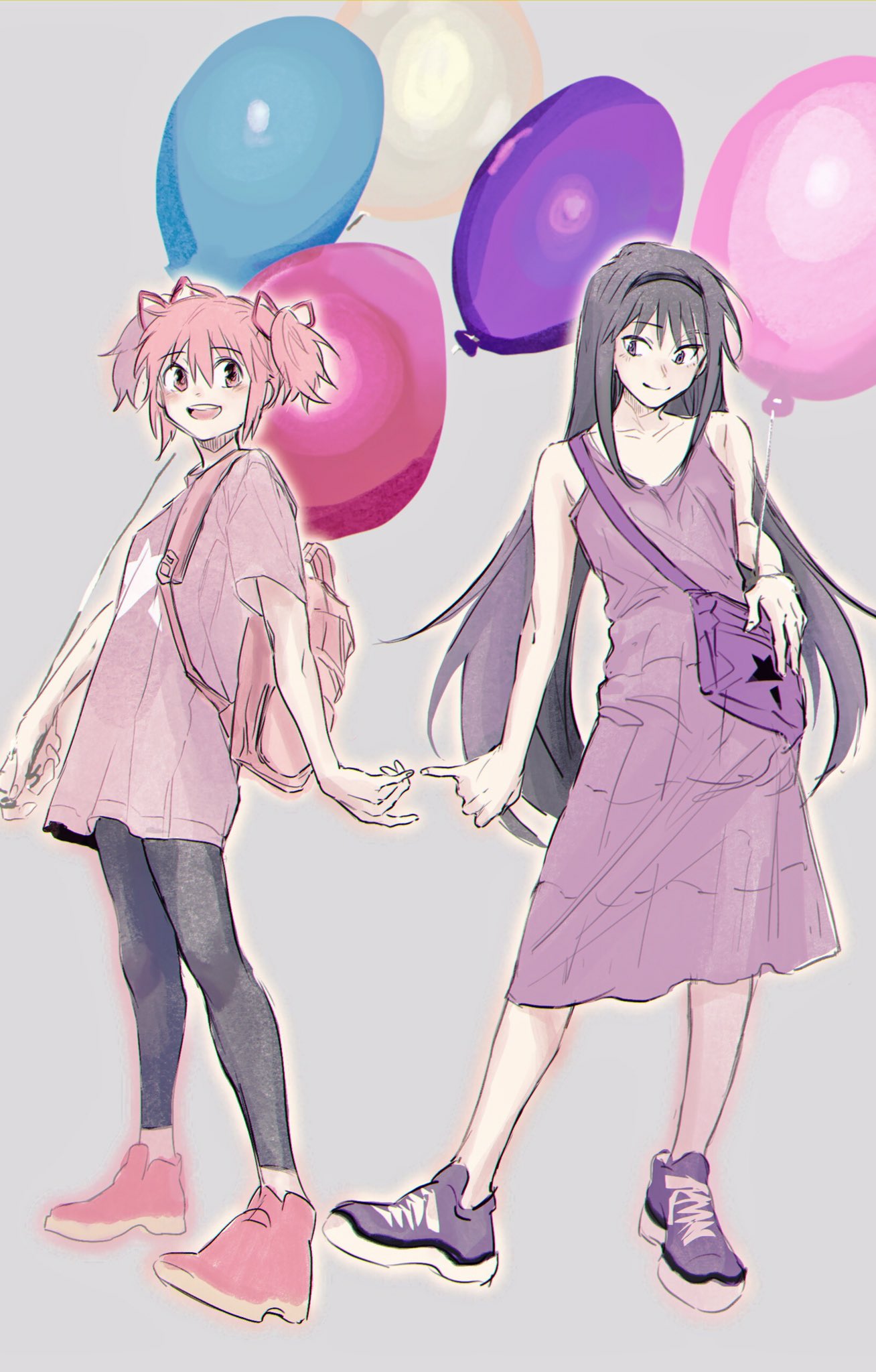 2girls akemi_homura backpack bag balloon bare_arms black_hair black_hairband black_legwear closed_mouth collarbone commentary_request dress eyebrows_visible_through_hair full_body grey_background hair_ribbon hairband highres kaname_madoka karen_le_cao leggings long_hair looking_at_another looking_at_viewer mahou_shoujo_madoka_magica multiple_girls open_mouth pink_bag pink_eyes pink_footwear pink_hair pink_ribbon pink_shirt purple_dress purple_footwear ribbon shirt shoes short_hair short_sleeves short_twintails shoulder_bag simple_background smile sneakers twintails upper_teeth violet_eyes