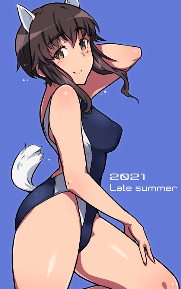 1girl animal_ears blue_background blush breasts brown_eyes brown_hair dog_ears dog_tail em_(totsuzen_no_hakike) english_text eyebrows_visible_through_hair from_side hair_between_eyes hand_in_hair hand_on_own_thigh highleg highleg_swimsuit looking_at_viewer medium_breasts one-piece_swimsuit sidelocks smile standing standing_on_one_leg swimsuit tail takei_junko thighs white_tail world_witches_series