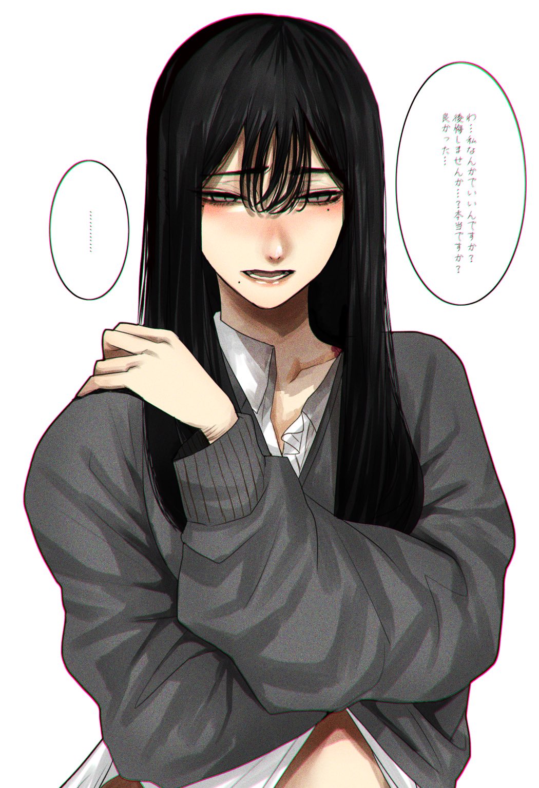 ... 1girl black_hair blush grey_eyes grey_sweater hair_between_eyes hand_under_clothes highres hoshi_san_3 long_hair long_sleeves looking_at_viewer mole mole_under_eye mole_under_mouth open_mouth original shirt simple_background solo spoken_ellipsis sweater translation_request upper_body white_background white_shirt