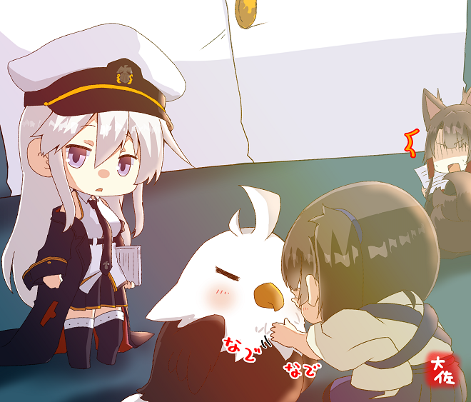 3girls akagi_(azur_lane) animal animal_ears artist_logo artist_name azur_lane bird blue_hakama blush brown_hair crossover eagle enterprise_(azur_lane) eyebrows_visible_through_hair fox_ears fox_tail hair_between_eyes hakama hakama_skirt hat holding holding_paper japanese_clothes kaga_(kancolle) kantai_collection long_hair minigirl motion_lines multiple_girls multiple_tails open_mouth paper peaked_cap side_ponytail silver_hair skirt tail taisa_(kari) tasuki violet_eyes white_headwear