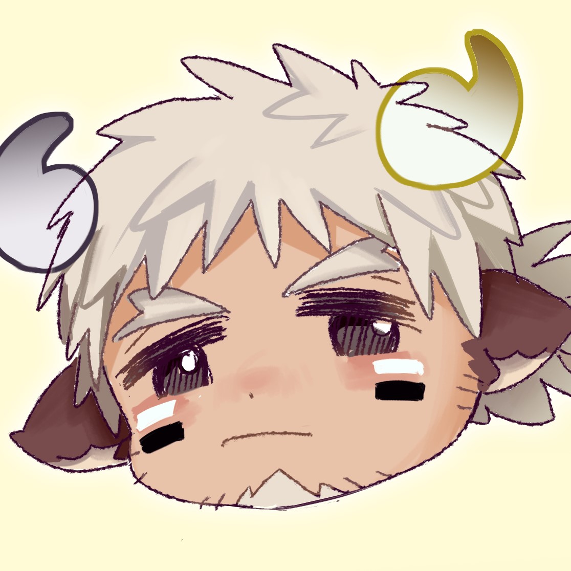 1boy alternate_hair_color animal_ears badai blush chibi cow_boy cow_ears cow_horns face facial_hair facial_mark fiery_horns forked_eyebrows glowing_horns goatee horns looking_at_viewer male_focus pout short_hair solo spiky_hair stubble thick_eyebrows tokyo_houkago_summoners wakan_tanka
