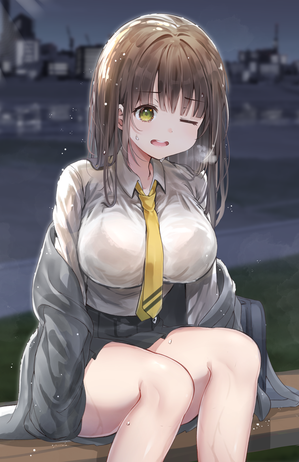 1girl bangs black_skirt blunt_bangs bra_through_clothes bralines breasts brown_hair clip_studio_paint_(medium) coat coat_removed eyebrows_visible_through_hair feet_out_of_frame green_eyes highres hiromaster_sinta_jh large_breasts long_hair miniskirt necktie night one_eye_closed open_mouth original outdoors pleated_skirt school_uniform see-through shirt sitting skirt thick_thighs thighs wet wet_clothes wet_shirt white_shirt yellow_neckwear