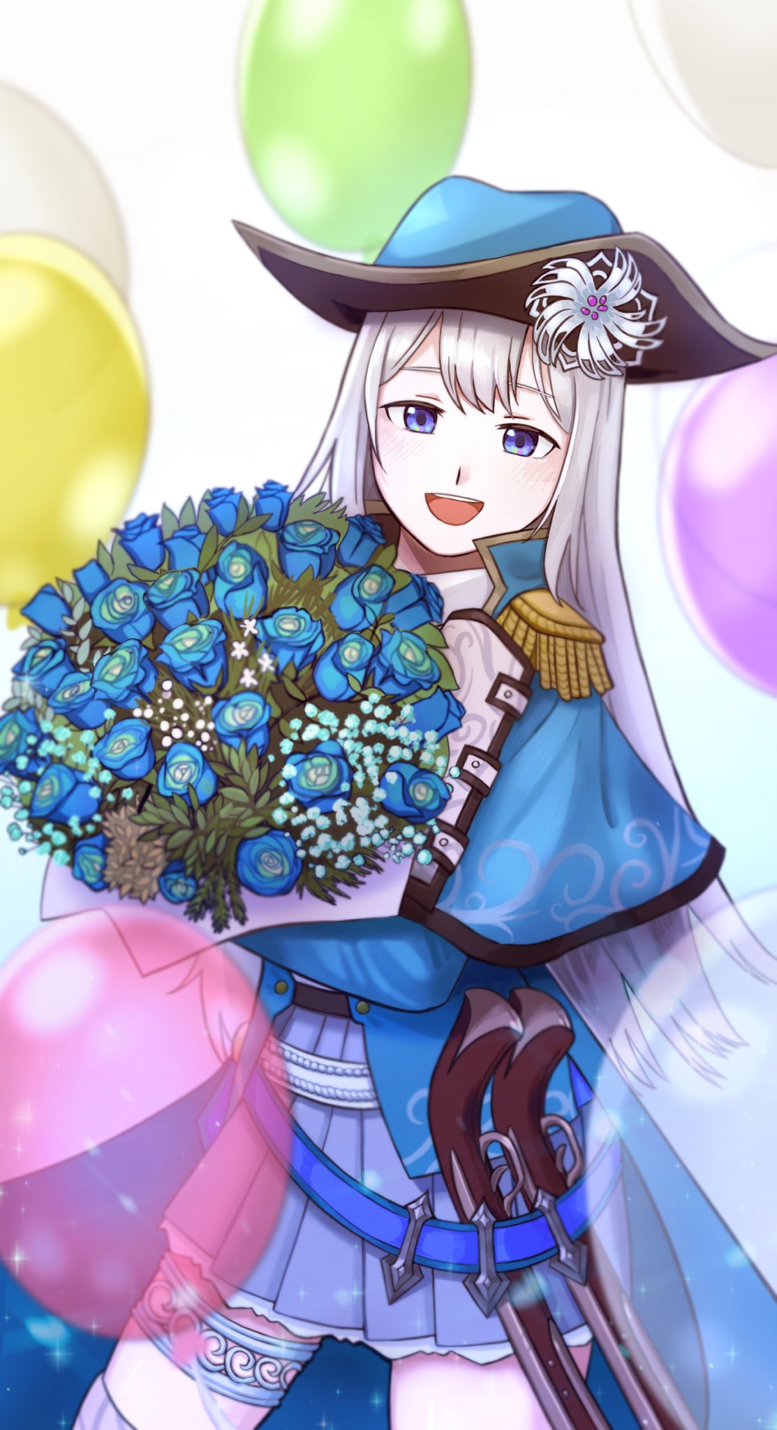 1girl :d balloon ban_hada bangs blue_capelet blue_flower blue_headwear blue_jacket blue_skirt bouquet capelet flower hat head_tilt highres holding holding_bouquet jacket korean_commentary long_hair looking_at_viewer nijisanji nijisanji_kr open_mouth pirate pirate_hat rockoon silver_hair skirt smile solo