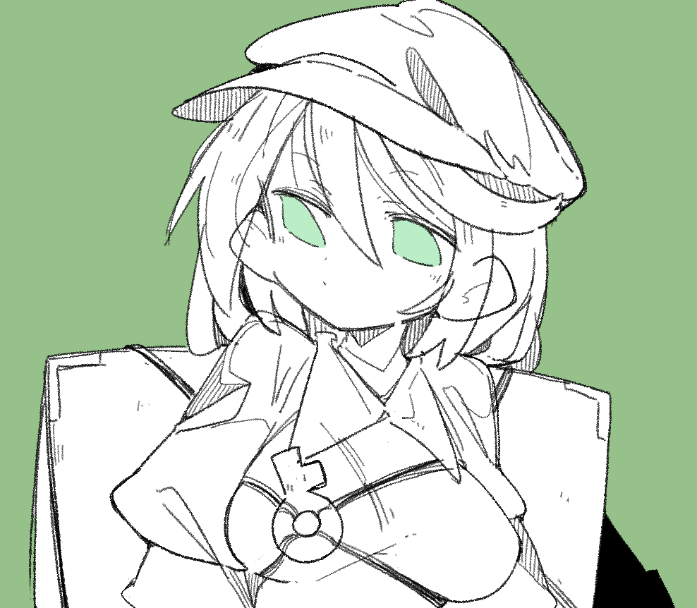 1girl bangs box closed_mouth flat_cap green_background green_eyes greyscale hair_between_eyes hat key limited_palette looking_at_viewer massakasama monochrome short_hair simple_background solo touhou upper_body yamashiro_takane